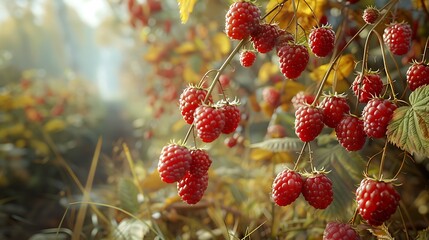 A cluster of wild raspberries growing along the edge of the path, ready to be plucked and enjoyed - obrazy, fototapety, plakaty