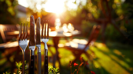 Outdoor Dining Setup With Cutlery in Focus Against a Sunset Background - obrazy, fototapety, plakaty