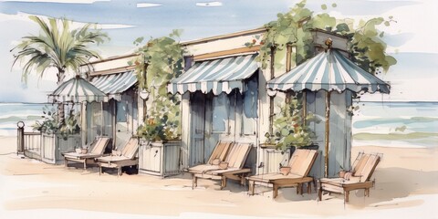 Watercolor painting of beach cabanas with blue and white striped awnings and chairs on a sandy beach with palm trees. - obrazy, fototapety, plakaty