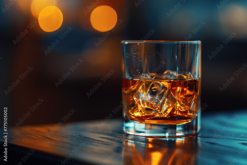 Aufkleber glass of whiskey with ice in a bar. created with generative ai technology.