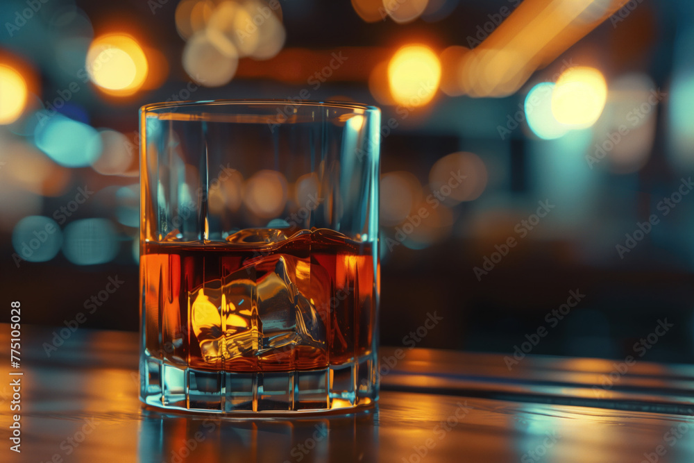 Poster glass of whiskey with ice in a bar. created with generative ai technology.