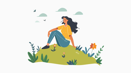 Girl on hill relaxing flat vector isolated on white background