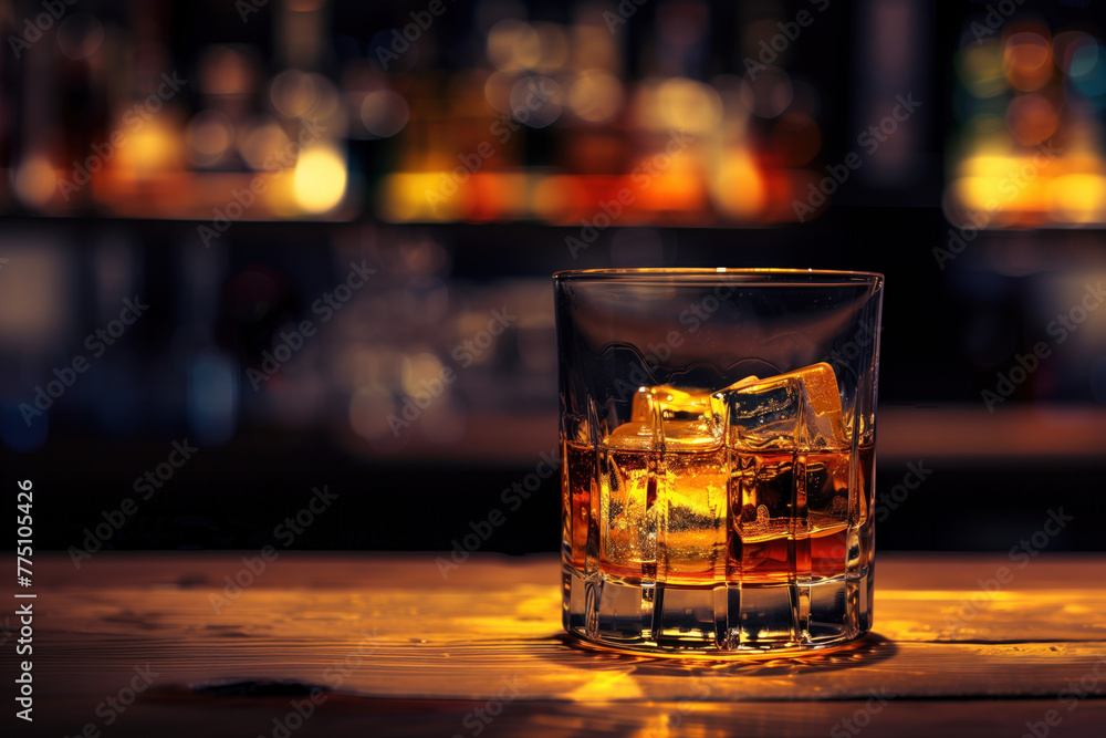 Poster glass of whiskey with ice in a bar. created with generative ai technology.
