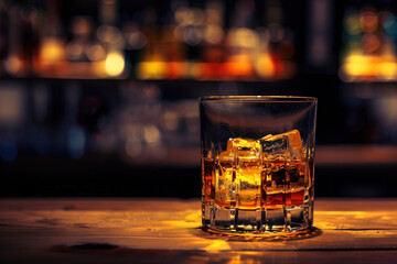 Glass of whiskey with ice in a bar. Created with Generative AI technology.