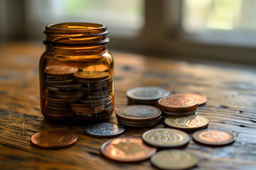 Jar of coins on table, currency finance banking wealth - obrazy, fototapety, plakaty