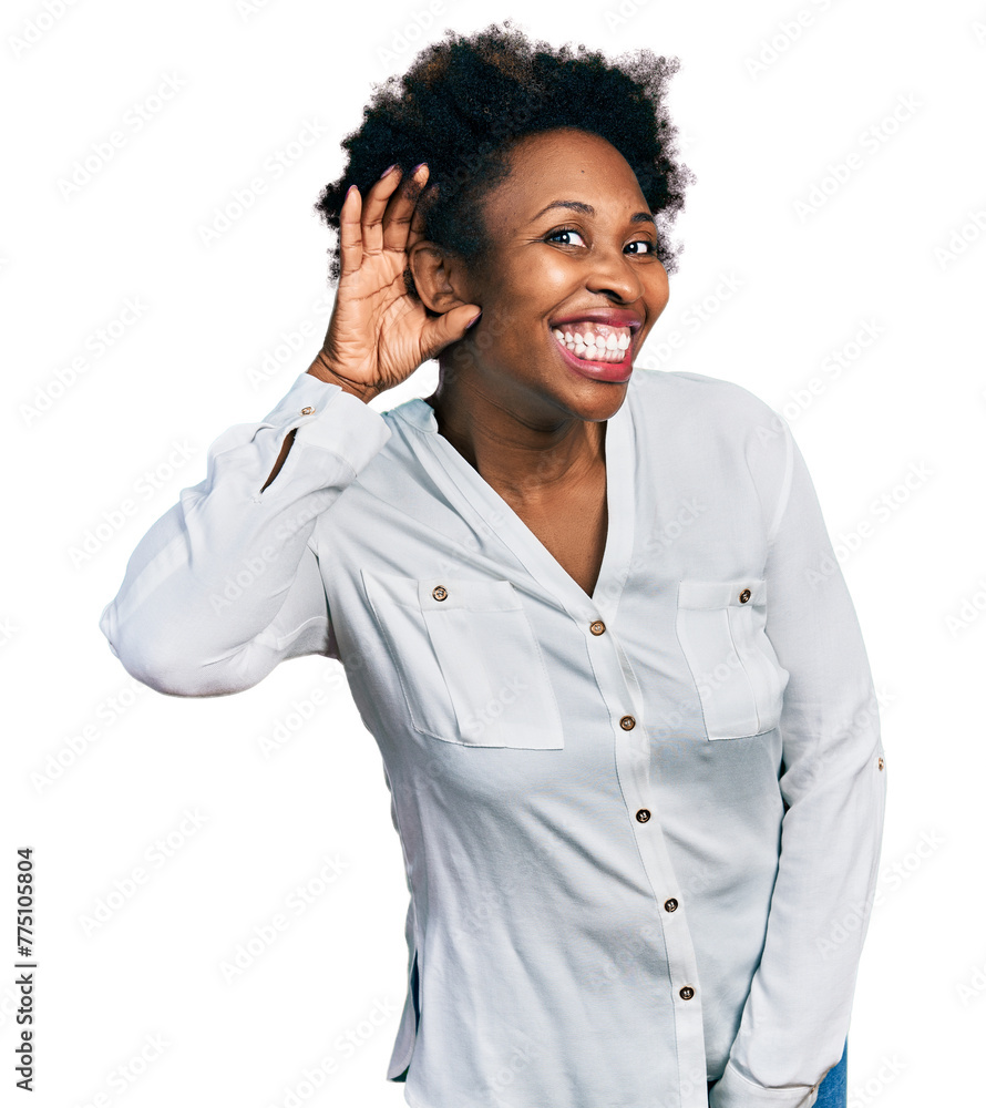 Sticker African american woman with afro hair wearing casual white t shirt smiling with hand over ear listening an hearing to rumor or gossip. deafness concept.