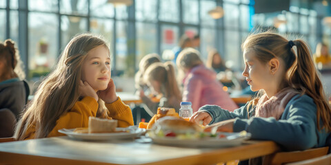 Two cute ten years old girls sitting at the table in school cafeteria. Young students having food during lunch break in dining hall.