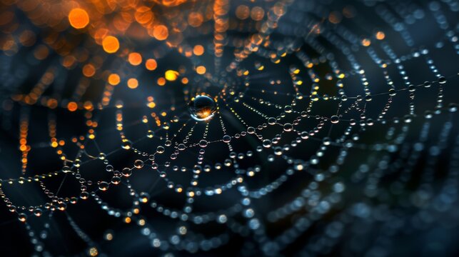 Close up of dew on spider web with sunlight reflections in detailed macro photography