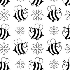 Bumblebees and flowers outline repeating pattern