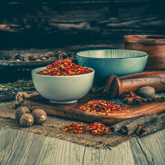 RED CHILLI FLAKES on wooden table background. Herbs, spices and dried food baking ingredient....