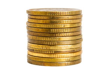 Coins in a stack in gold color. On a blank background.