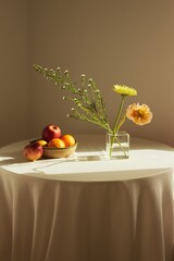 table with poppy flowers and apples, still life