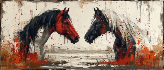Obraz premium The painting is contemporary, abstract, with metal elements, textured background, animals, horses, and so on.