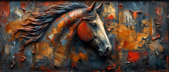 Abstract, metal elements, textured background, animals, horses...........