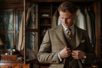 Elegant man dressing in classic vintage suit