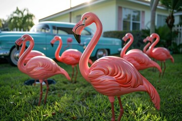 Pink plastic flamingos on lawn with vintage car