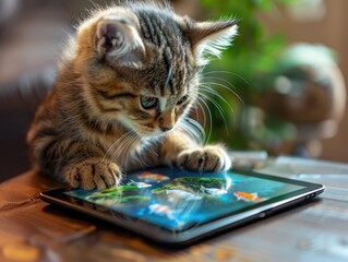 A cat using a touchscreen tablet with its paws swiping through images of fish