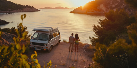 Couple of friends enjoying scenic Mediterranean view from a road side parked minivan. Travelling in camper van. Planning a road trip adventure.