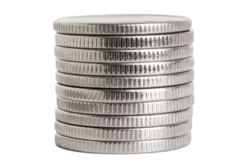 Coins in a stack of silver colored coins. On a blank background.