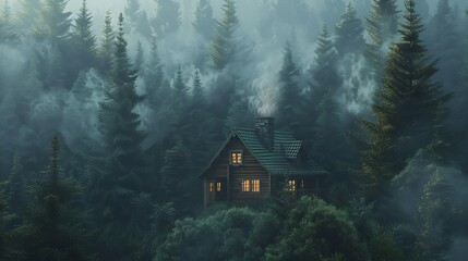 A cozy cabin nestled amidst a forest of evergreen trees, smoke curling from the chimney - obrazy, fototapety, plakaty
