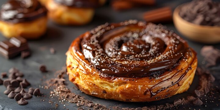 Generative AI Creates Image of Brioche Slice with Chocolate Spread on Gray Background. Concept Food Photography, Generative Art, Brioche Slice, Chocolate Spread, Gray Background