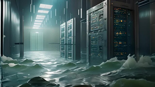 flooded server room. Big data room flooded with water. Water flooded room. 