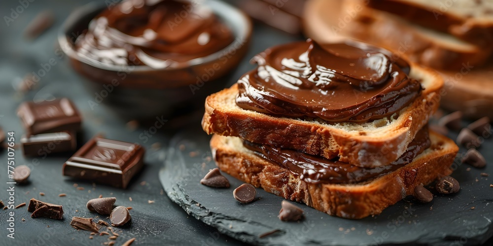 Poster generative ai-created image of a brioche slice with chocolate spread on a gray background. concept f