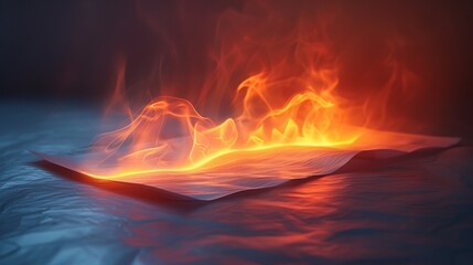a white sheet of paper laying with a flame coming out of it, against white back ground