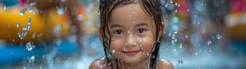 Happy child in water playing at Songkran Festival. April celebration of Thai New Year, traditional...