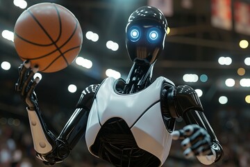 Advanced humanoid robot spinning a basketball on its finger in a sports arena setting.