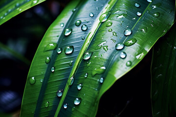 A macro shot of water drops on a tropical leaf