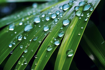 A macro shot of water drops on a tropical leaf