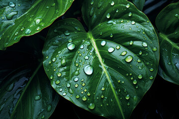 A macro shot of water drops on a tropical leaf