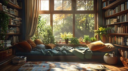 A cozy reading nook bathed in soft sunlight streaming through a window