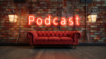 podcast neon sign at the wall