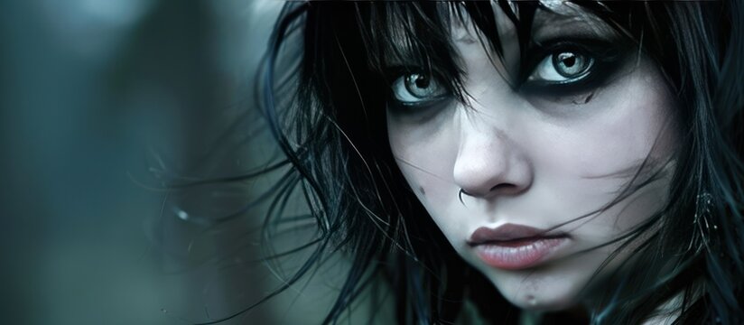 Close up of woman face with makeup and emo hairstyle AI generated image