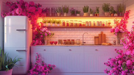   A white refrigerator with freezer, situated in a kitchen next to a pink floral-filled wall, and beside a potted plant