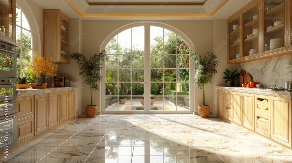 Poster a kitchen abundant with ample countertop space adjacent to a broad open window overlooking trees out