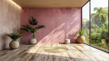   A room featuring a wooden floor, a pink wall, and two potted plants situated by its sides - obrazy, fototapety, plakaty