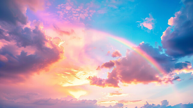 A bright rainbow of colors with a beautiful sunset in the sky.