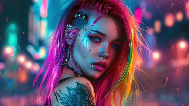 Cyberpunk woman punk with colored hair and tattoos background wallpaper AI generated image