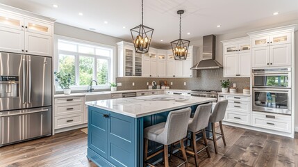   A spacious kitchen features a central island and a breakfast bar, both situated in the heart of the room - obrazy, fototapety, plakaty