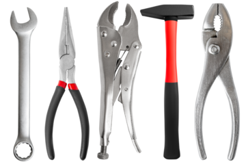 Tool kit for locksmith, man, remount. Hammer, wrench, clamps, pliers. Cut on blank background.