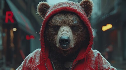 Fototapeta premium A tight shot of a bear donned in a red jacket, with a chain encircling its neck