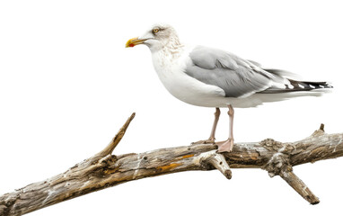 Fototapeta premium Avian Watch: Seagull Resting on Wood isolated on transparent Background