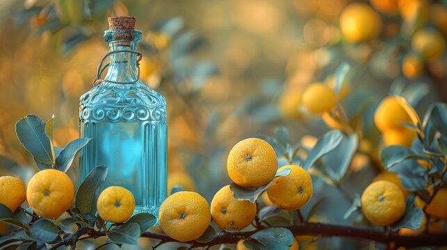   A blue glass bottle atop an orange tree, surrounded by a bunch of green leaves