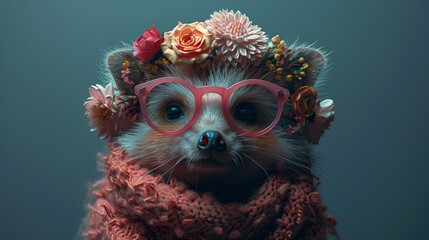   A tight shot of a raccoon donning glasses, adorned with floral headpiece, and draped in a scarf