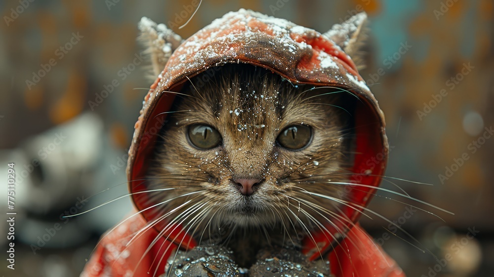 Poster   A close-up of a cat in a red jacket Another cat with a hood over its head
