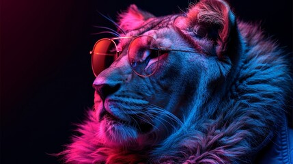   A tight shot of a feline donning spectacles with a red light before its eyes against a dark backdrop