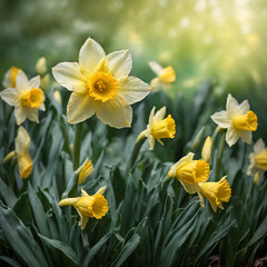 Natural Spring Daffodil Flower With Dreamy Green Foliage Background